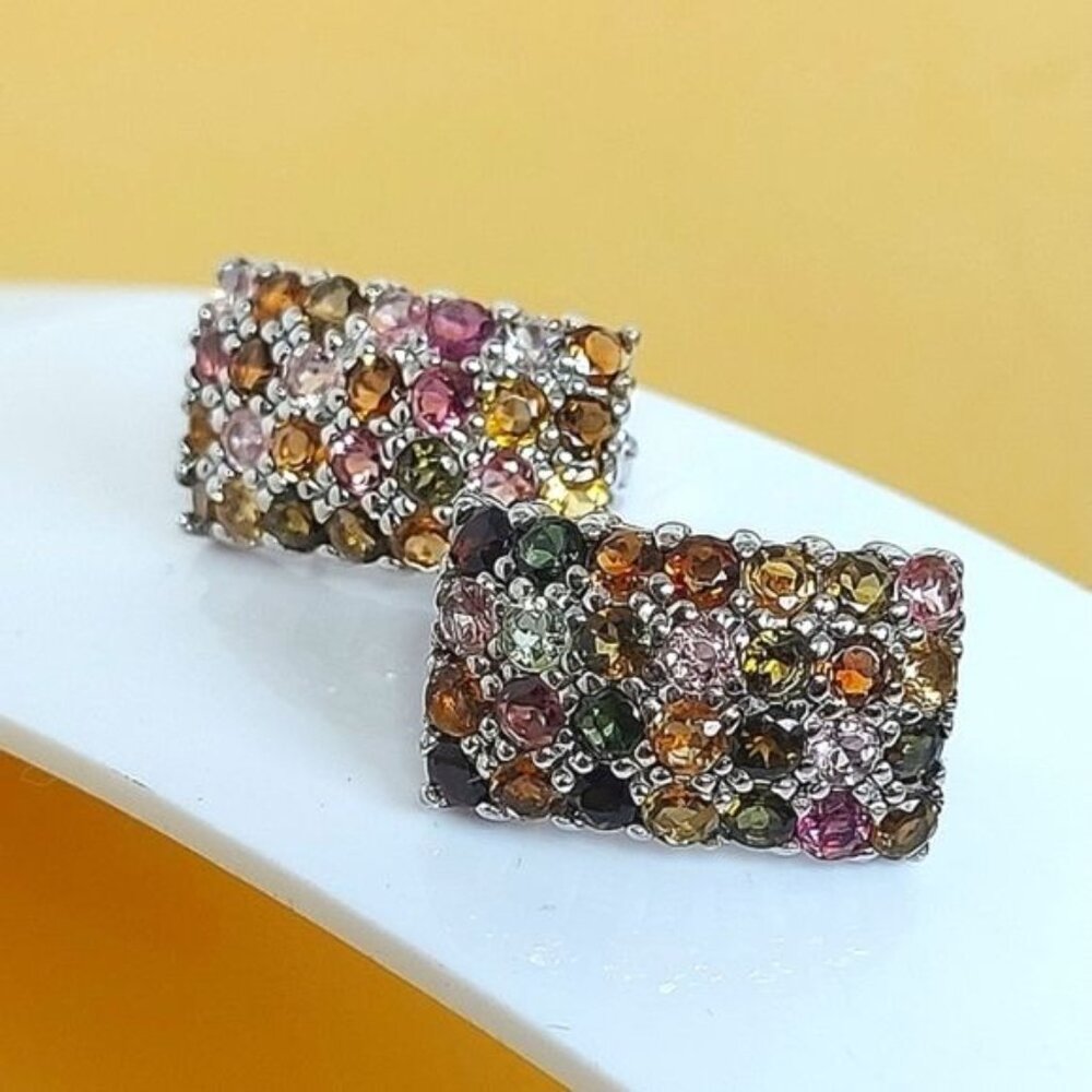 Multicolor Tourmaline Pavé Rectangle Earrings